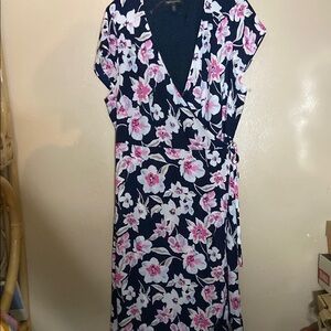 Banana Republic Pink and White Flutter Sleeve Wrap Midi Dress